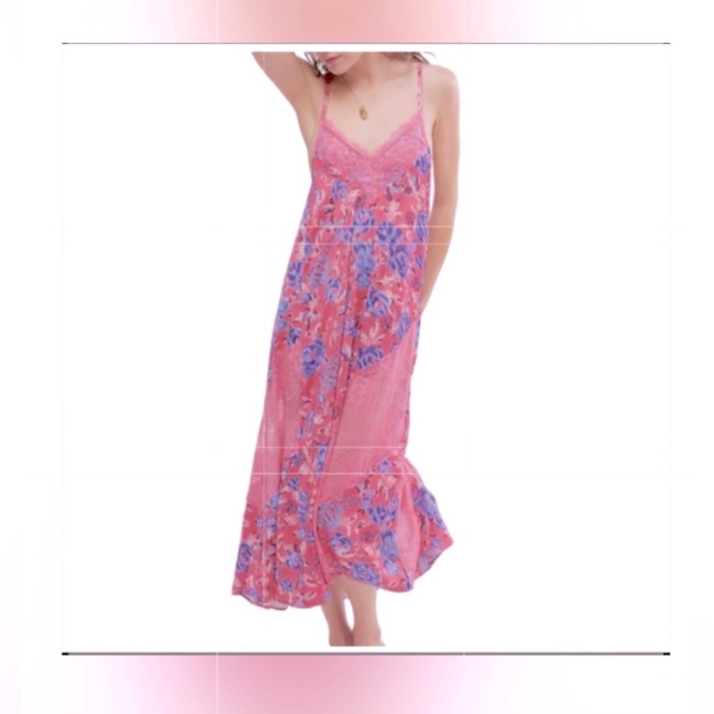 🌸NWT IntimatelyFreePeople PinkFloralLace SlipDressMidi AdjustableStraps Size XS🥂